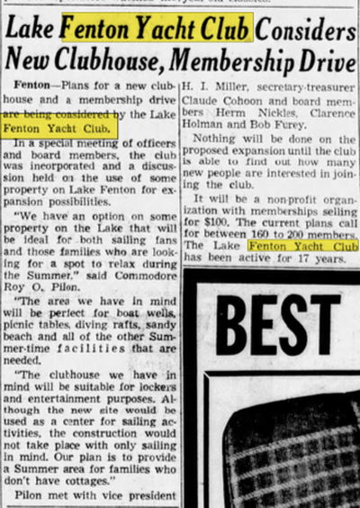 Bay Port Resort (Fenton Yacht Club) - Mar 26 1953 Article